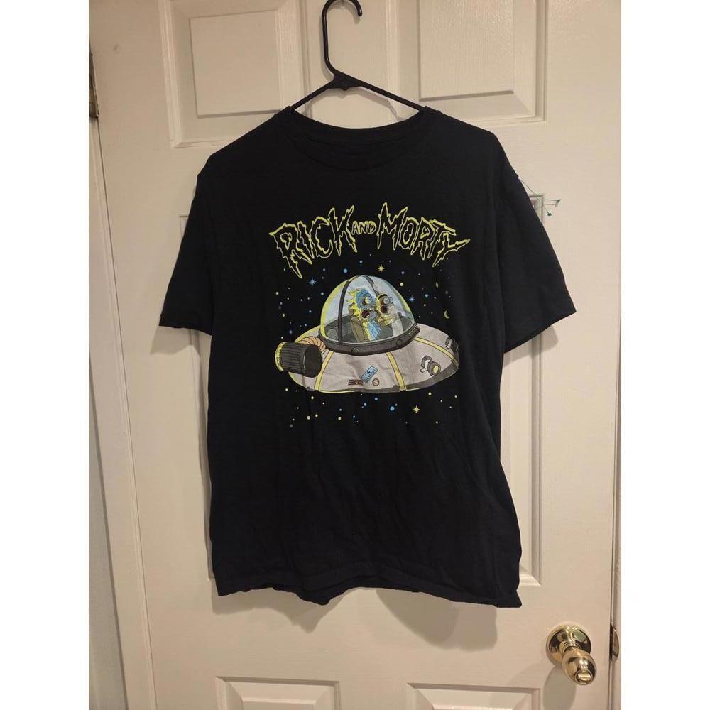 Large Rick and Morty Black Graphic T-Shirt with Spaceship Print